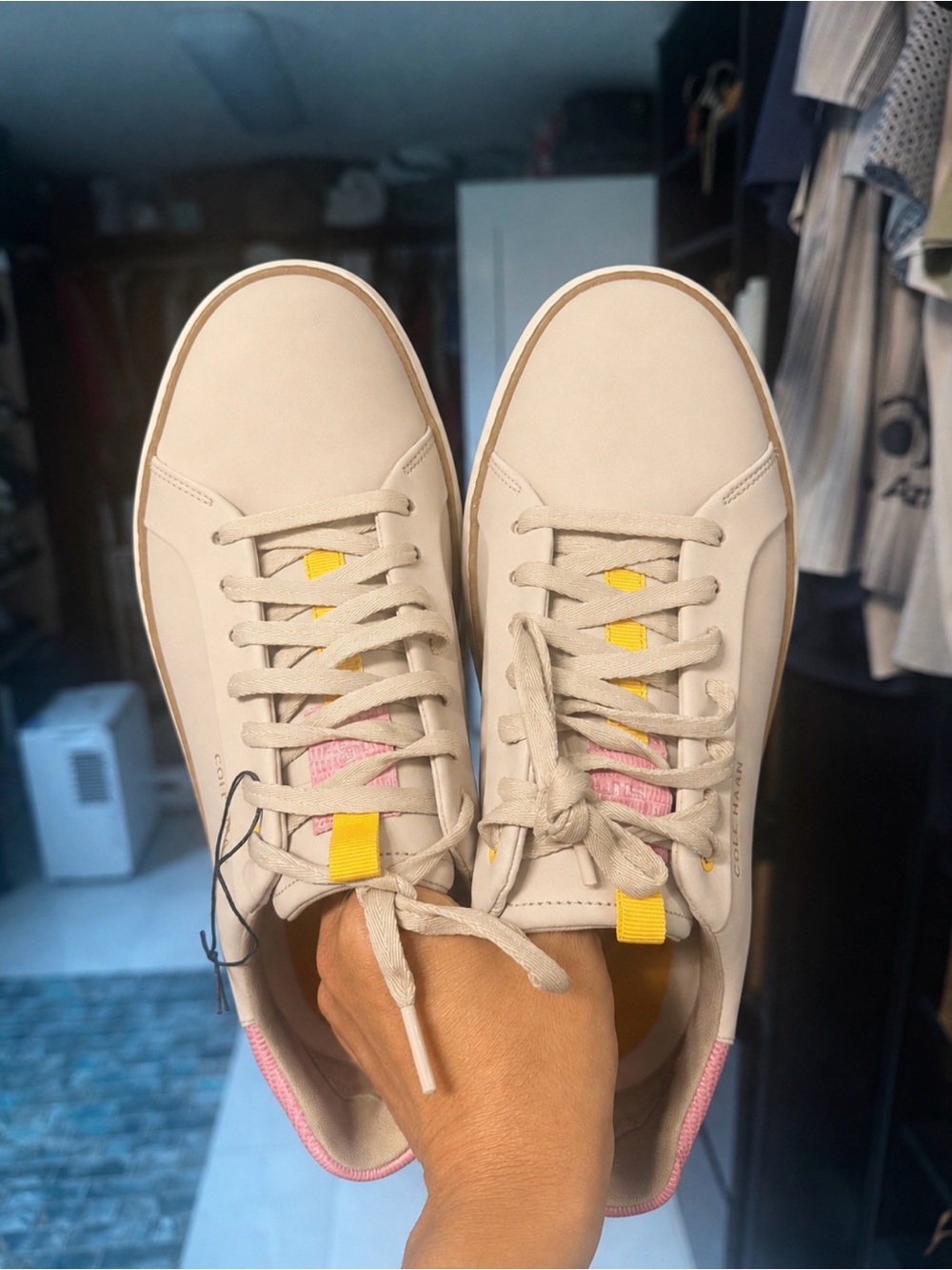 Cole Haan Beige Sneakers with Pink Heel and Yellow Lace Accent - Picture 2 of 4